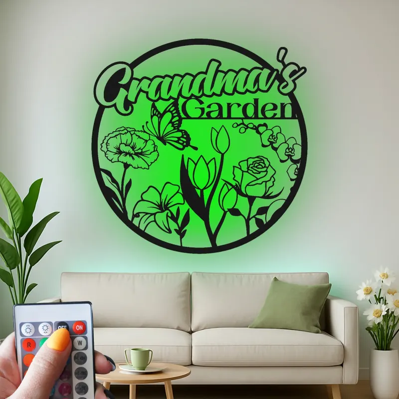 Cartel personalizado del jardín de la abuela | Arte mural de metal LED | Decoración floral de mariposa personalizada | Regalo del Día de la Madre para Nana