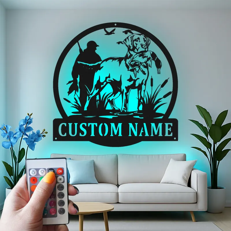 Duck Hunting Metal Sign | Personalized Labrador Retriever LED Wall Art | Custom Hunter Name Plaque for Cabin & Lodge Decor