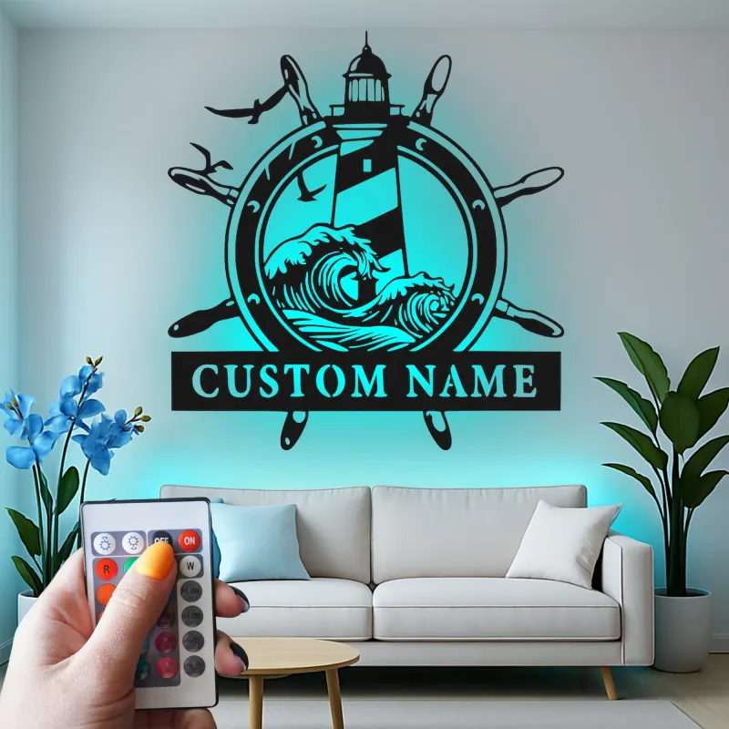 Custom Lighthouse Wall Art | Personalized LED Metal Sign with Nautical Waves | Beach House Decor & Sailor Gift