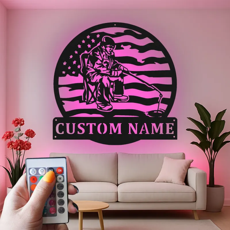 Cartel de metal personalizado de pesca con LED | Regalo para angler personalizado | Arte mural patriótico de casa de campo y cabaña
