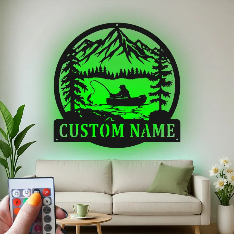 Insegna da pesca personalizzata con LED | Insegna in metallo personalizzata | Decorazione per casa al lago per pescatori | Regalo per appassionati di pesca