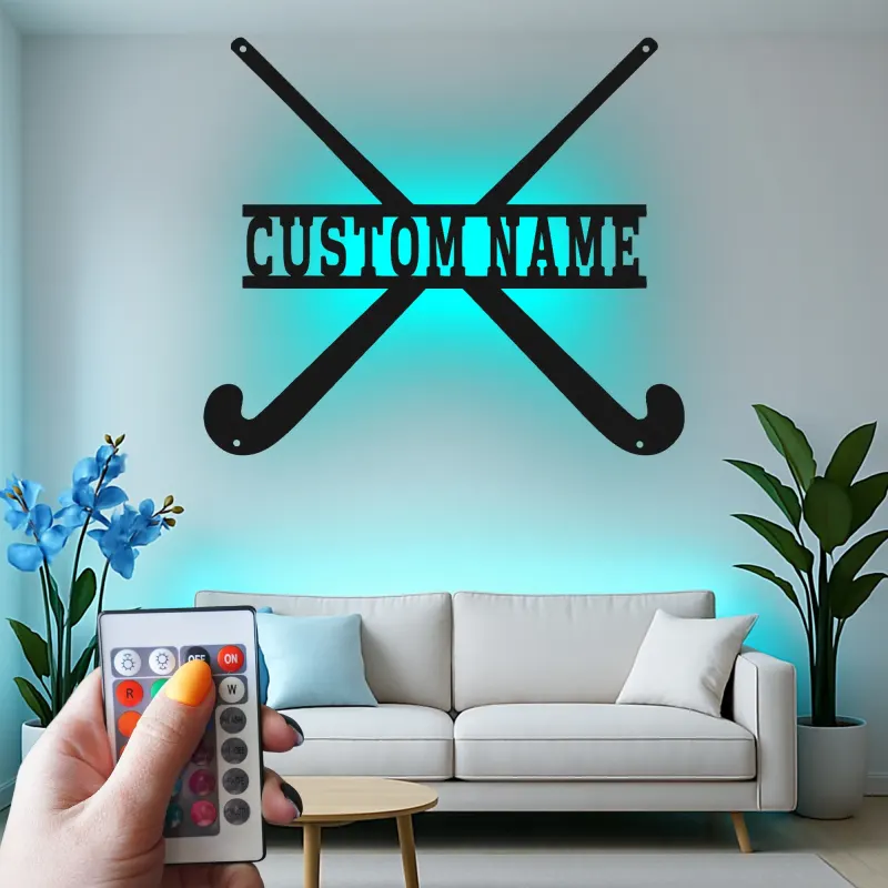 Insegna in metallo personalizzata con bastoni da hockey su prato e luce LED, regalo personalizzato per giocatori di hockey su prato, decorazione per sala giochi