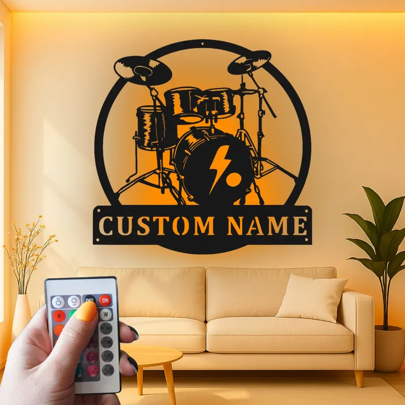 Insegna in metallo LED a forma di set di tamburi personalizzata Regalo per musicisti Decorazione per studio musicale o camera da letto