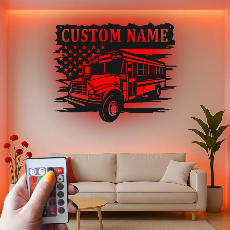 Personalized School Bus Driver LED Sign | American Flag Metal Wall Art | Custom Name Gift for Garage or Office Decor