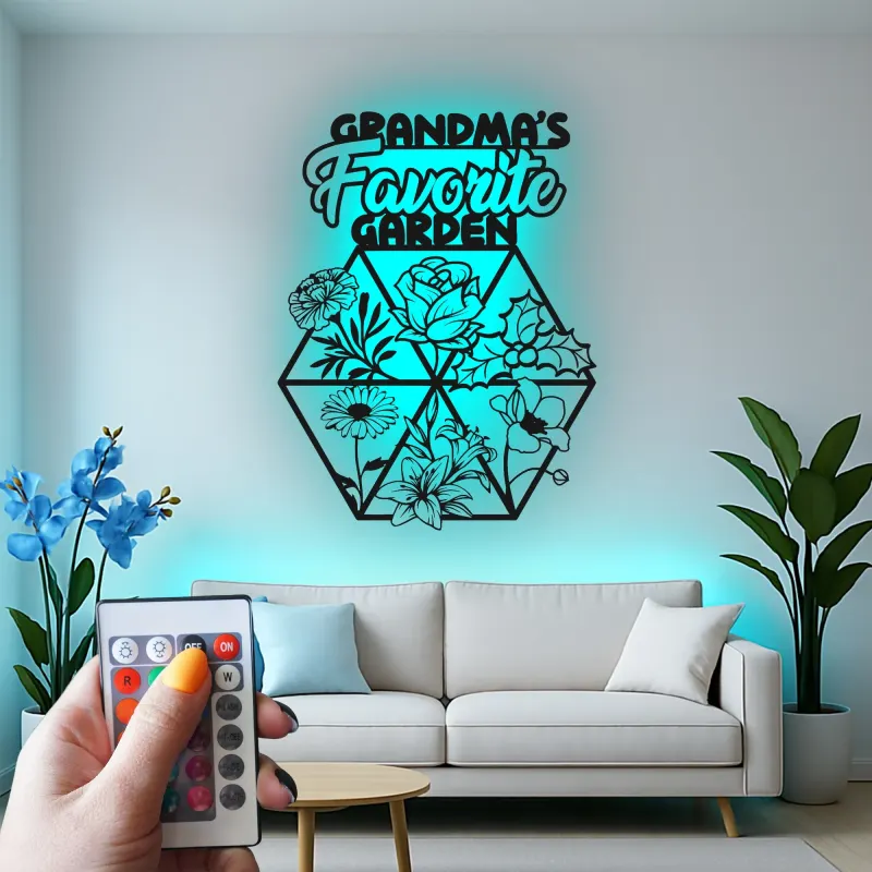 Omas Garten LED-Schild | Personalisiertes Metall-Wandkunst mit Blumenmotiv | Geschenk zum Muttertag