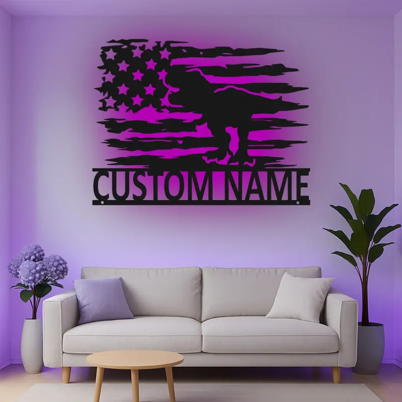 Insegna in metallo LED T-Rex con bandiera americana personalizzata, regalo unico per amanti dei dinosauri, decorazione per stanza dei bambini