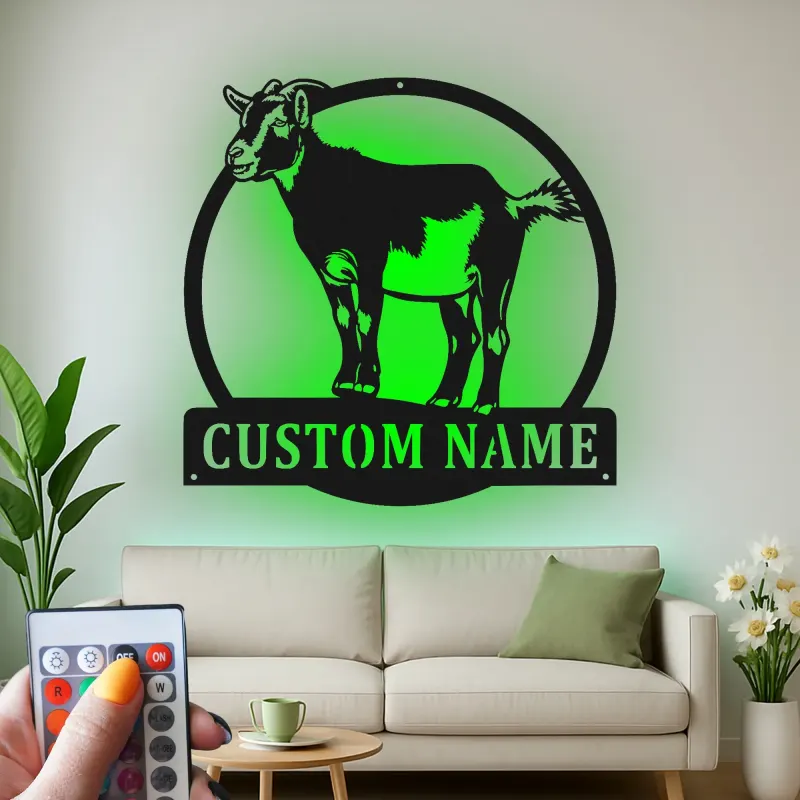Insegna LED personalizzata con capra | Arte murale in metallo personalizzata per farmhouse e fienile | Regalo per rancher