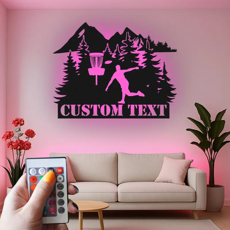 Cartel de metal personalizado con jugador de golf de disco, regalo iluminado LED