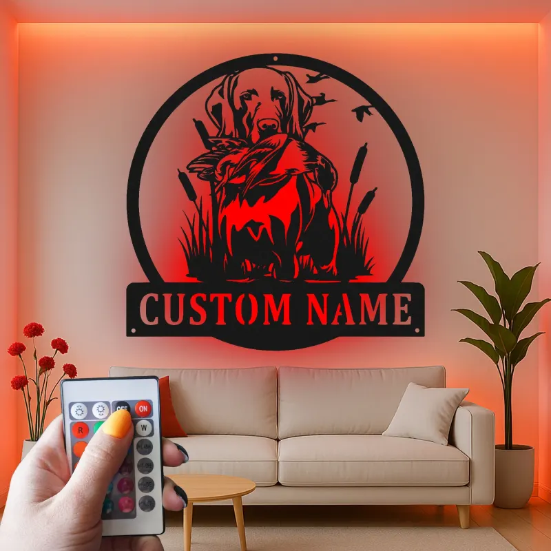 Panneau personnalisé de chien de chasse Labrador | Décoration murale en métal LED personnalisée | Cadeau de chasseur et décor de faune extérieure