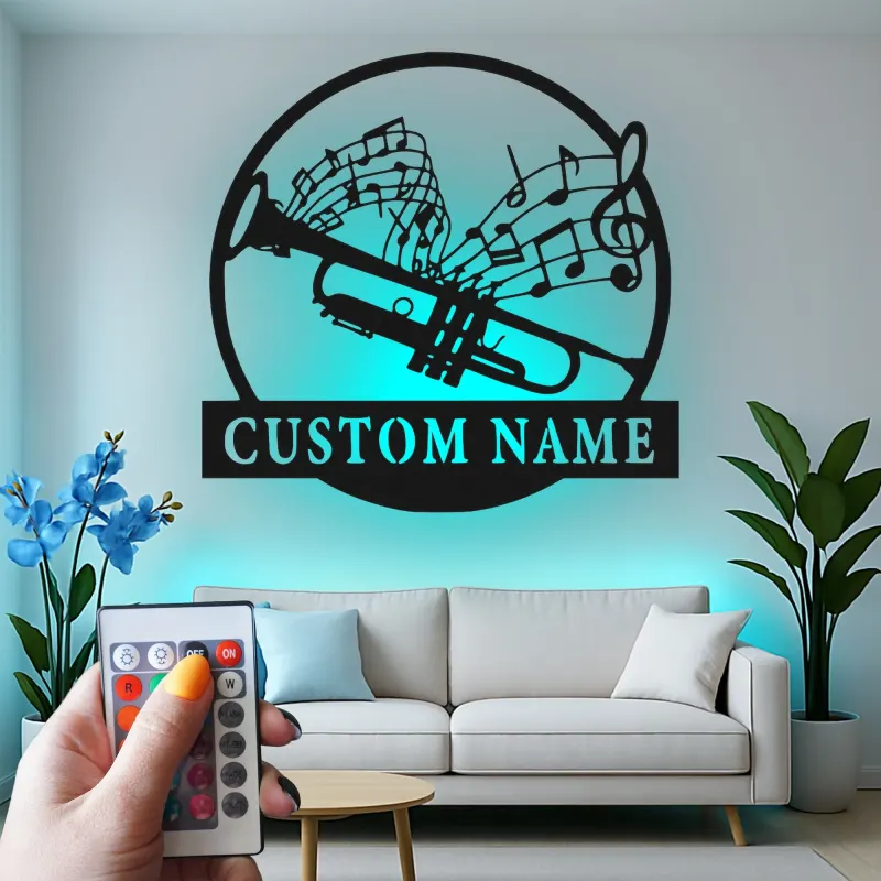 Décoration murale en métal personnalisée avec rétroéclairage LED - Cadeau pour musiciens - Décor de salle de musique avec notes de musique et trompette