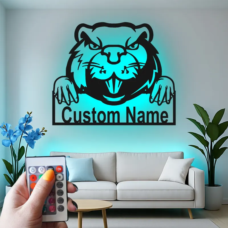 Insegna in metallo LED personalizzata con castoro - Regalo unico per amanti degli animali, decorazione per ufficio o sala giochi