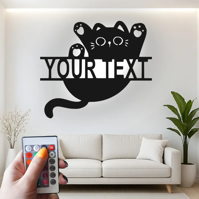 Insegna in metallo personalizzata con silhouette di gatto e luce LED regalo per amanti dei gatti decorazione per camera da letto o soggiorno 3