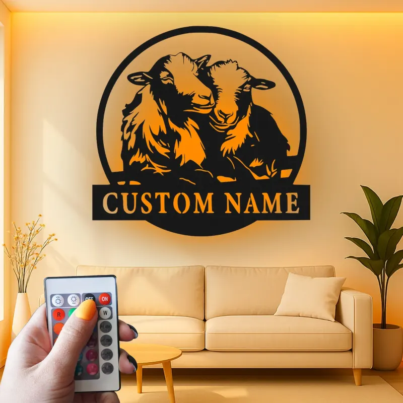 Insegna LED Personalizzata con Agnelli | Arte in Metallo Personalizzata | Decorazione per Fattoria di Pecore per Nursery o Regalo per Casa Rustica