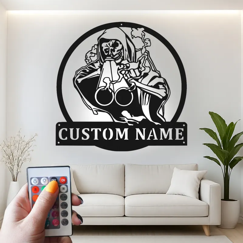 Grim Reaper LED Metal Sign | Custom Name Wall Art | Personalized Spooky Garage Decor & Halloween Gift