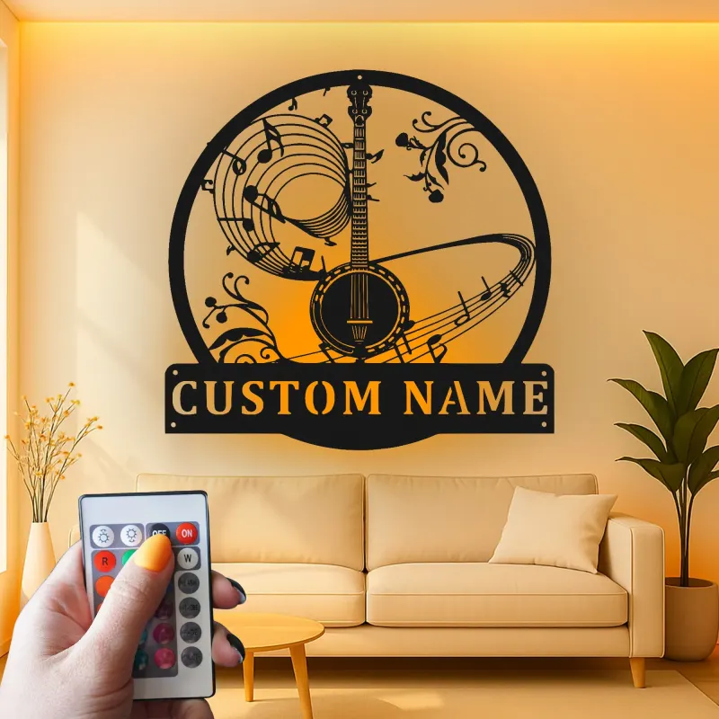 Cartel de metal LED de notas musicales de banjo personalizado, regalo para músicos, decoración para sala de música