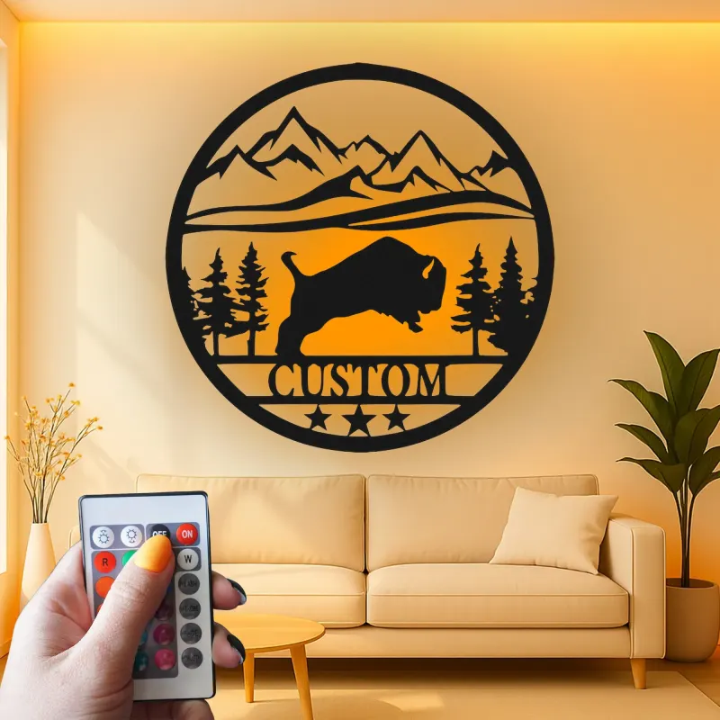 Cartel de metal LED personalizado de escena de montaña con búfalo, regalo para amantes de la naturaleza, decoración de cabaña rústica
