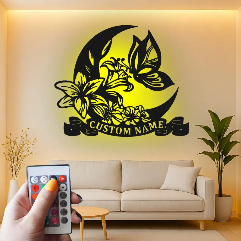 Insegna in metallo LED personalizzata con luna e farfalla - Regalo per lei, decorazione per camera da letto o nursery