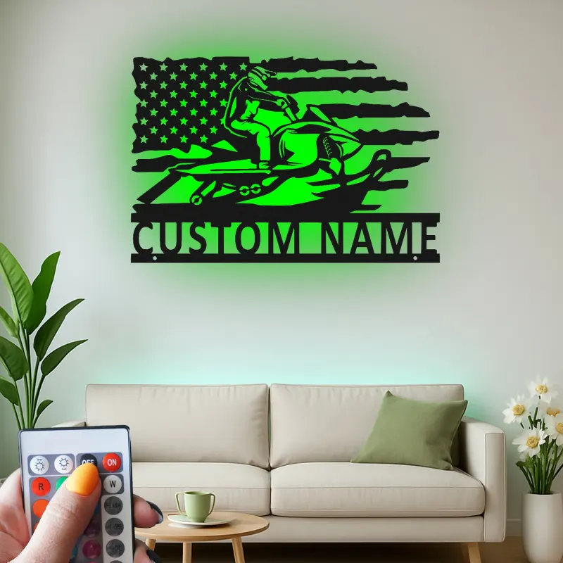 Custom Snowmobile Metal Sign | Personalized American Flag LED Art | Winter Sports Decor for Garage | Snowmobiler Gift for Him