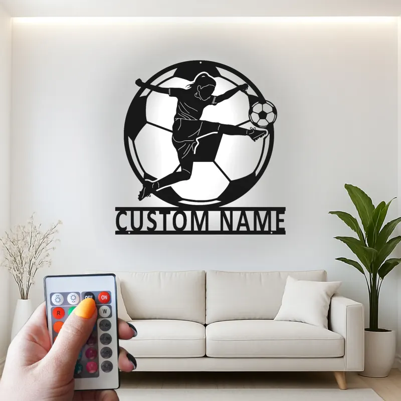 Arte mural de metal de jugadora de fútbol femenina | Cartel de luz LED personalizado | Regalo de nombre personalizado para decoración de habitación de atleta | Premio de equipo de fútbol femenino