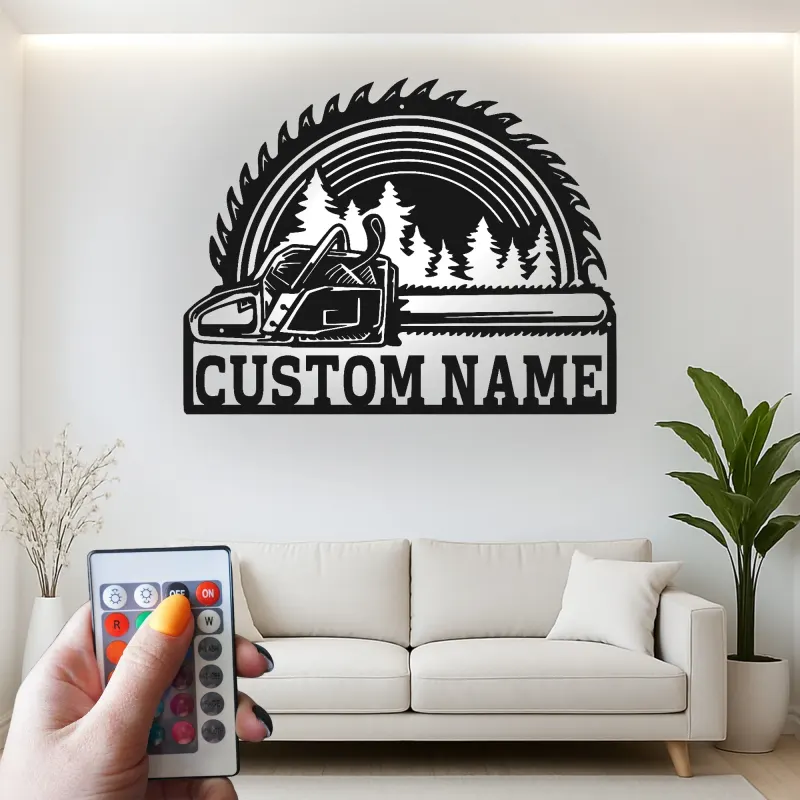 Cartel de metal personalizado de motosierra y hoja de sierra con luz LED regalo para leñador o carpintero decoración de taller