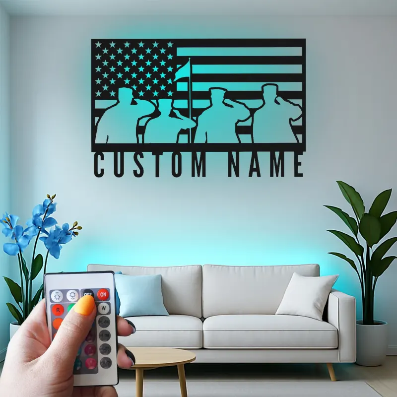 Patriotic American Flag Metal Sign | Custom Veteran Name Wall Art | LED Backlit Military Silhouette Decor