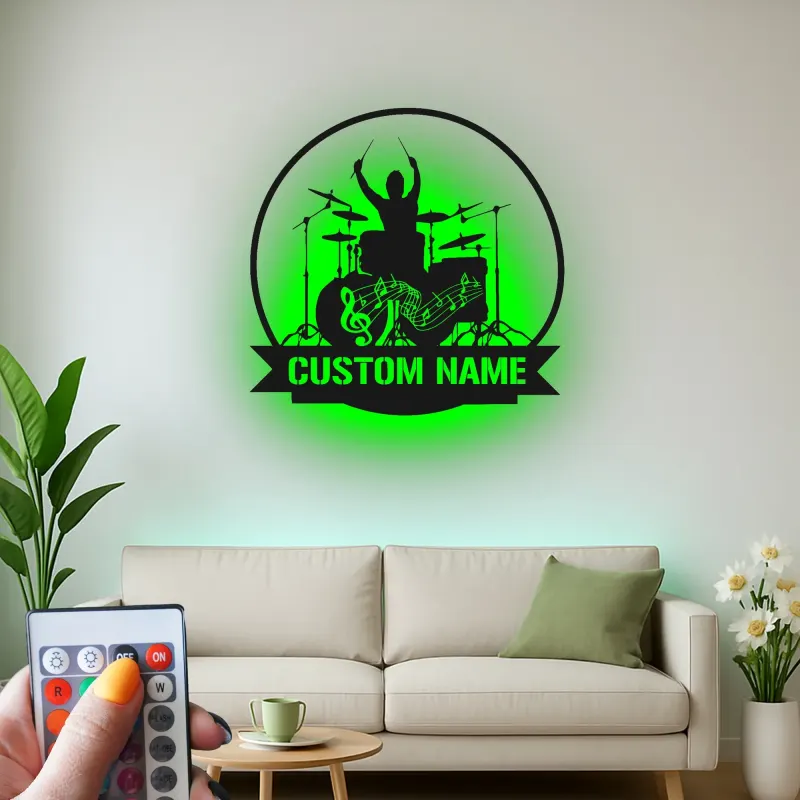 Décoration murale en métal LED personnalisée pour batteur - Cadeau musicien pour salle de musique