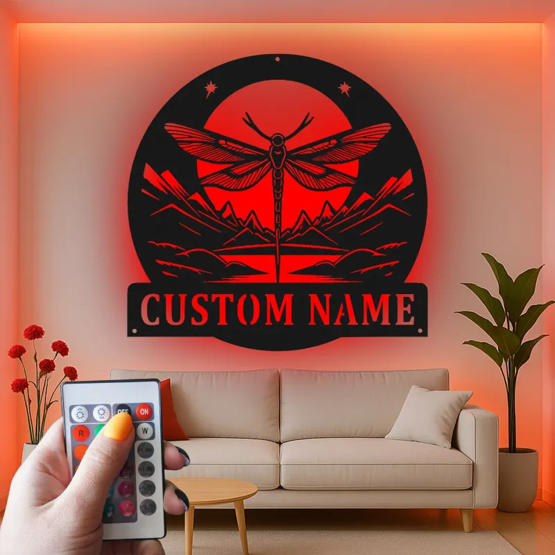 Custom Dragonfly Mountain Scene Led Light Metal Wall Art Personalized Nature Lover Gift Bedroom or Living Room Decor