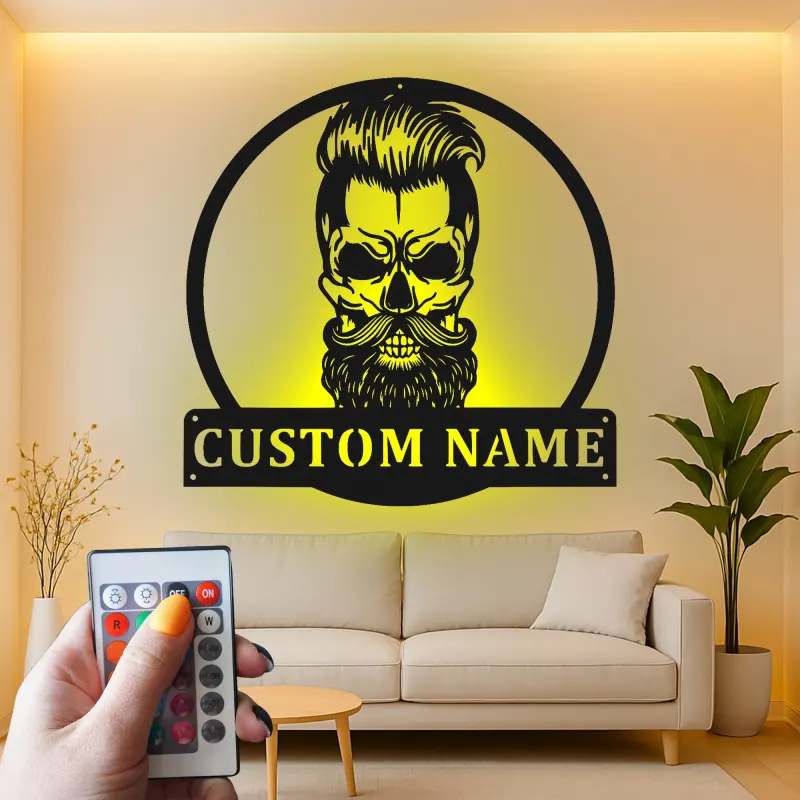 Insegna in metallo personalizzata con luci LED a forma di teschio barbuto - Regalo unico per lui - Decorazione per man cave o garage