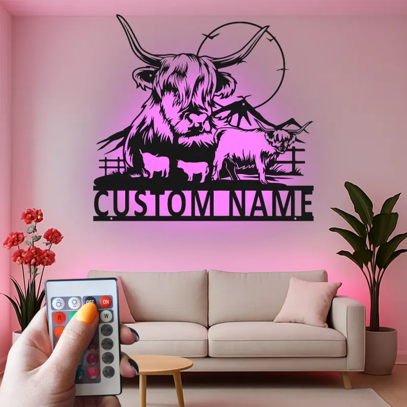 Arte mural de metal LED de vaca Highland | Cartel personalizado para rancho | Decoración rústica personalizada para amantes del ganado | Placa familiar rústica