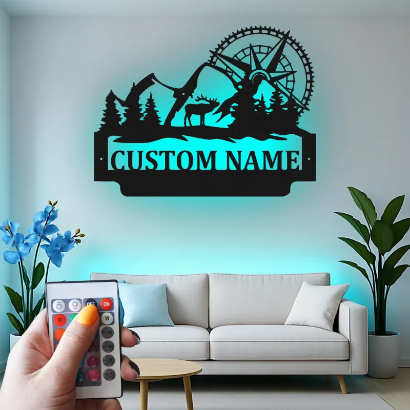 Letrero LED de bicicleta de montaña y alce | Decoración mural de metal personalizada para cabaña rústica | Regalo personalizado para amantes de la aventura al aire libre y el ciclismo