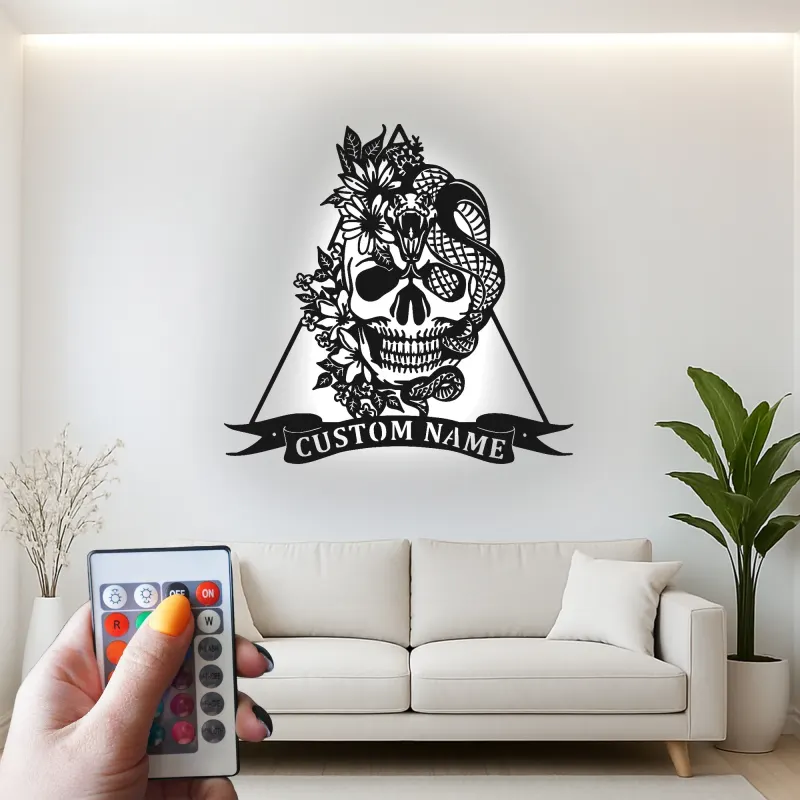 Gothic Skull & Snake LED Metal Wall Art | Personalized Tattoo Studio Decor | Custom Name Sign for Home Bar