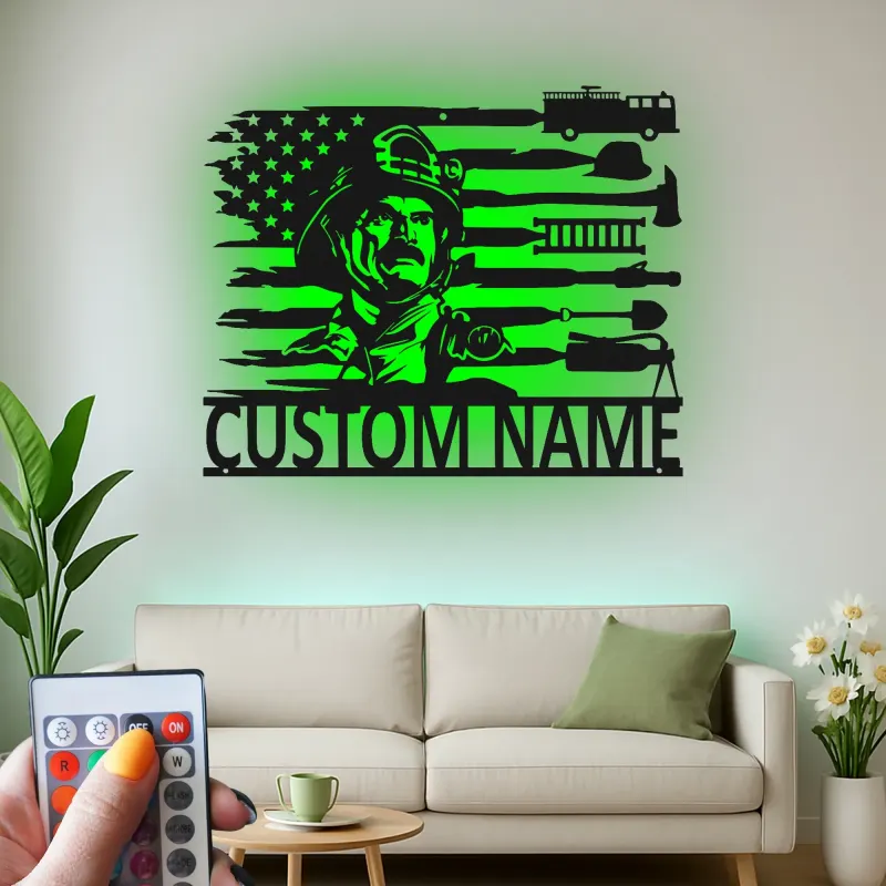 Cartel de Metal de Bombero Personalizado con LED | Arte Mural LED Patriótico de Bandera Americana para Regalo de Bombero