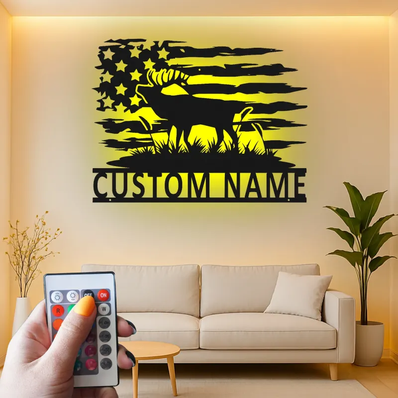 Décoration murale en métal personnalisée avec cerf et drapeau américain, éclairage LED, cadeau personnalisé pour chasseurs, décoration de cabane rustique 6