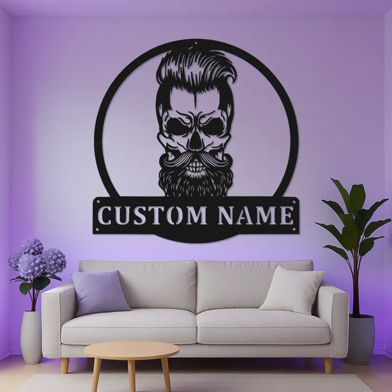 Bearded Skull LED Metal Sign | Personalized Man Cave Wall Art | Custom Name Sign for Barbershop, Garage, or Studio Decor
