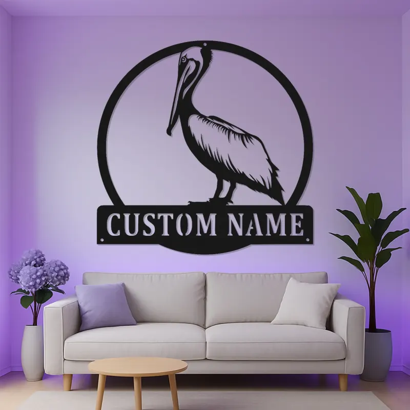 Panneau en métal LED personnalisé de pélican | Art mural côtier | Décor de maison de plage personnalisé | Cadeau en silhouette d'oiseau nautique