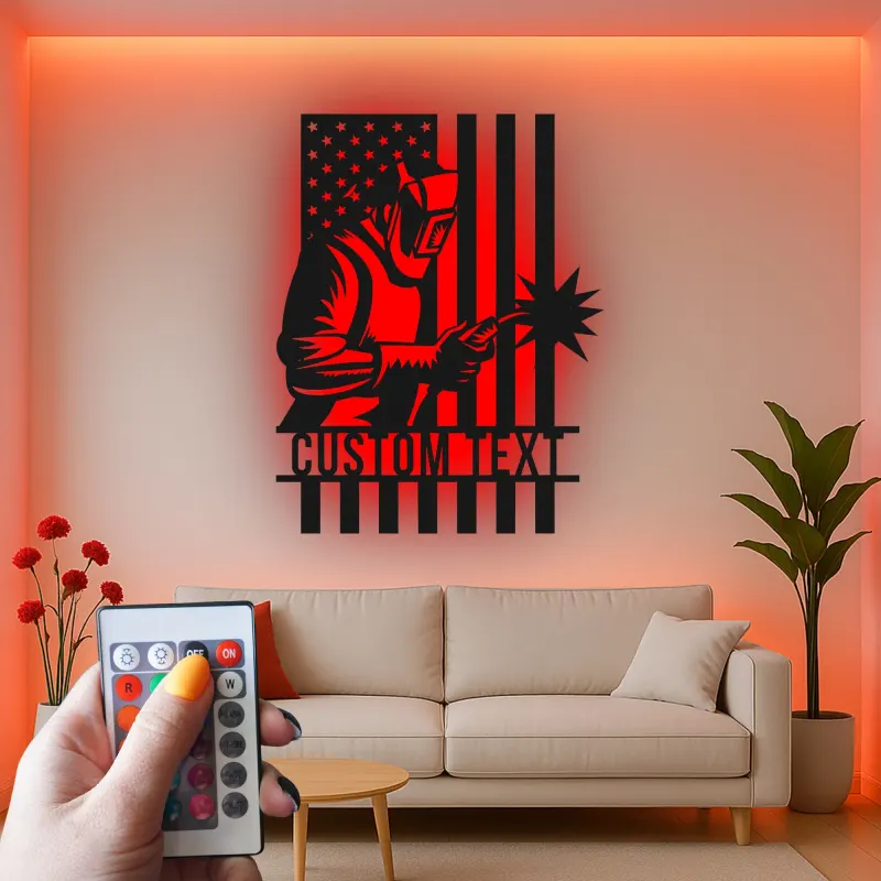 Insegna in metallo personalizzata con saldatore e bandiera americana retroilluminata, regalo personalizzato per decorare officine di saldatori
