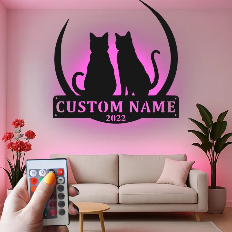Cartel de metal personalizado con silueta de gato y luz LED, regalo personalizado para amantes de mascotas, decoración para dormitorio o salón