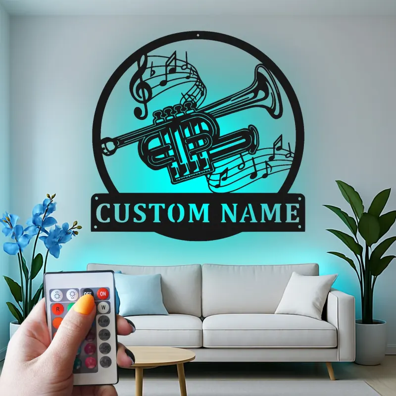 Cartel de metal LED personalizado de trompeta, regalo para músicos, decoración de sala de música