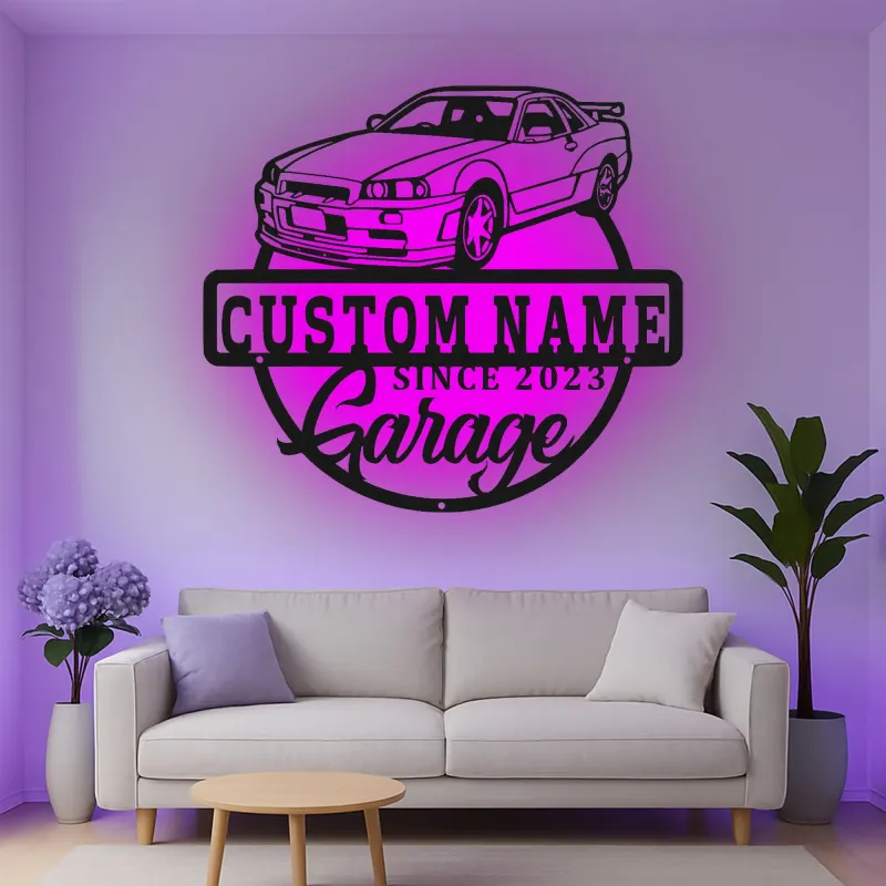 Décoration murale en métal personnalisée en forme de voiture de garage avec rétroéclairage LED - Cadeau pour passionnés de voitures