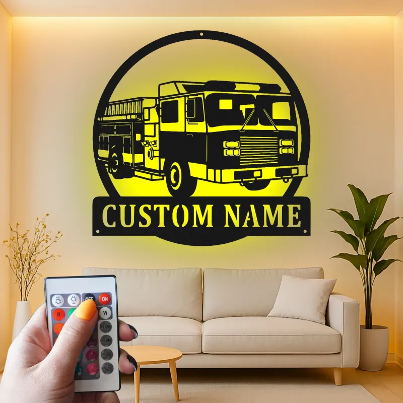 Cartel de camión de bomberos personalizado | Arte metálico LED para decoración de estación de bomberos | Regalo personalizado para bombero