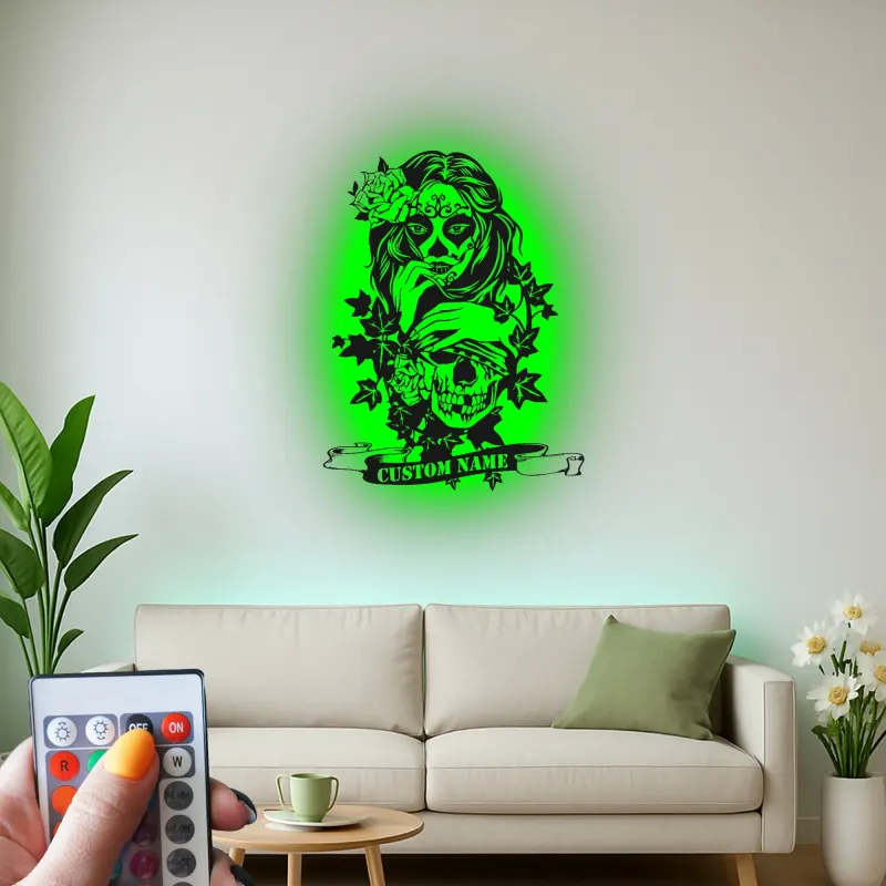 Sugar Skull LED Metal Sign | Personalized Gothic Wall Art | Custom Name Decor for Tattoo Studio & Salon