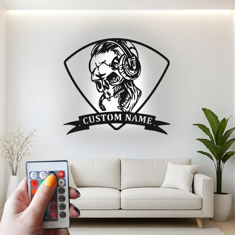 Gamer Skull LED Metal Wall Art | Personalized Name Sign for Gaming Room | Custom RGB Backlit Decor | Gift for Gamers