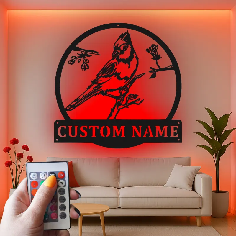 Custom Bird on Branch Led Light Metal Wall Art Personalized Nature Lover Gift Living Room or Garden Decor 1