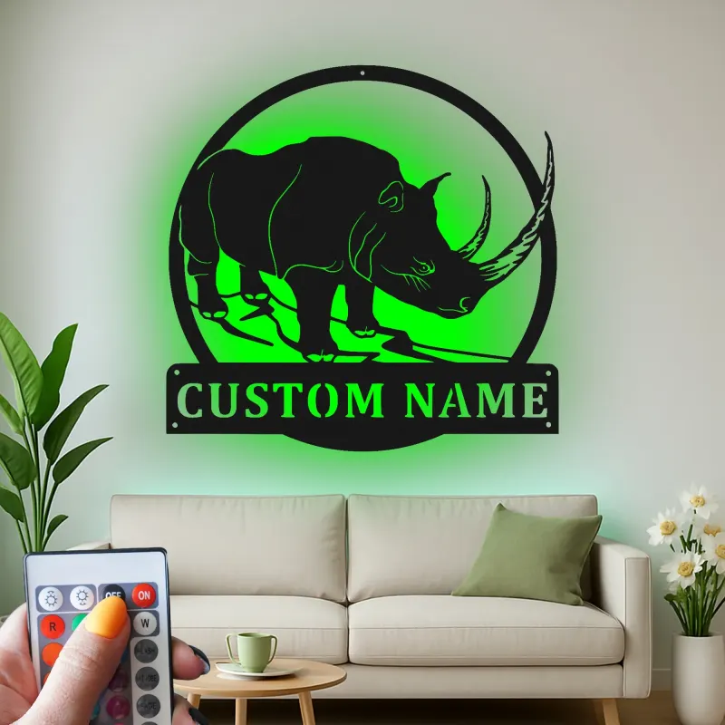 Rhinoceros Metal Wall Art | Custom Name LED Sign | Wildlife Safari Decor for Living Room or Office | Unique Animal Lover Gift