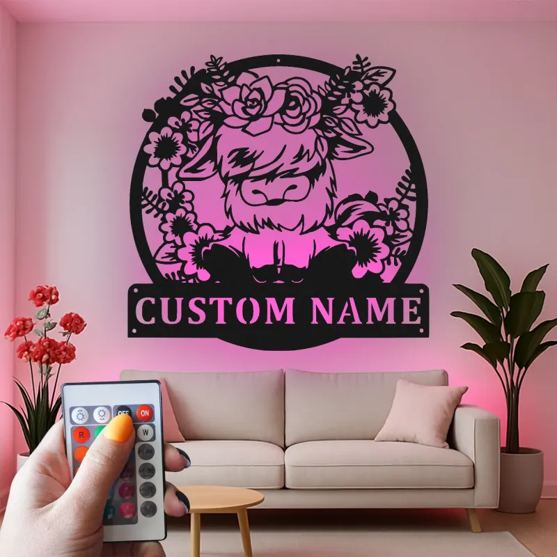 Highland Cow LED Metal Wall Art | Custom Name Sign | Floral Farmhouse Decor for Nursery & Salons | Gift for Cow Lovers