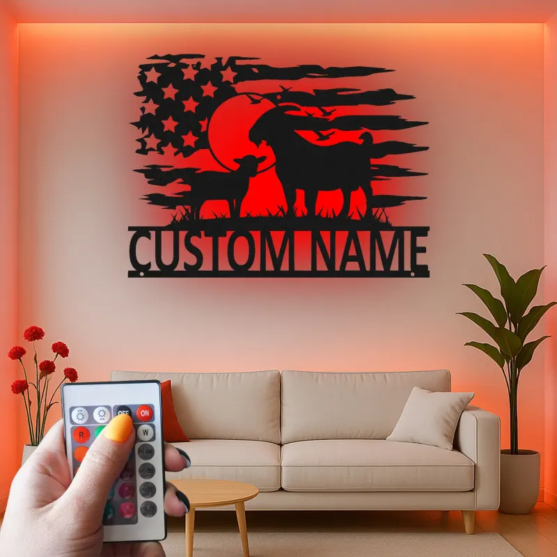 Personalisierte Ziegen-Metalltafel mit LED | Rustikale Landhaus-Wandkunst | Personalisierte patriotische Dekoration für Ranch & Zuhause