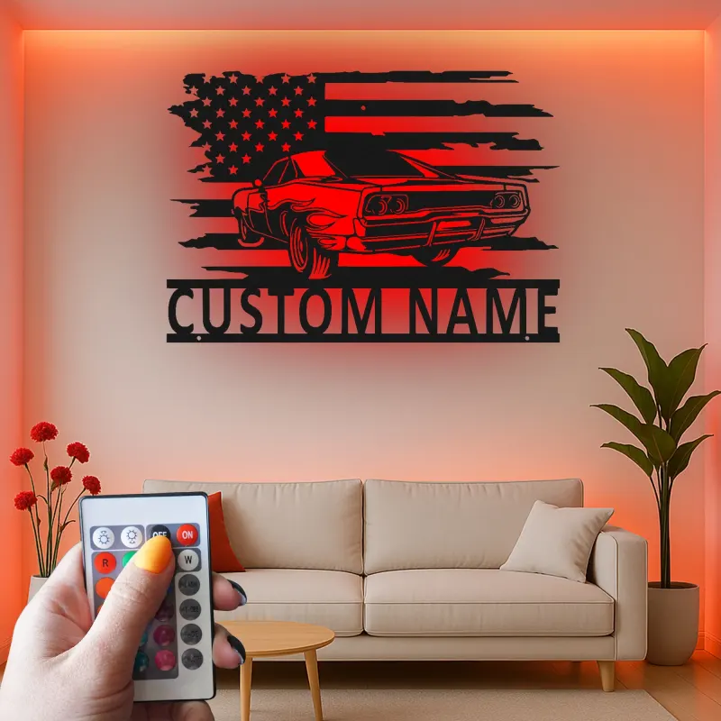 Custom Muscle Car Metal Sign | American Flag LED Wall Art | Personalized Garage Decor | Retro Auto Man Cave Gift