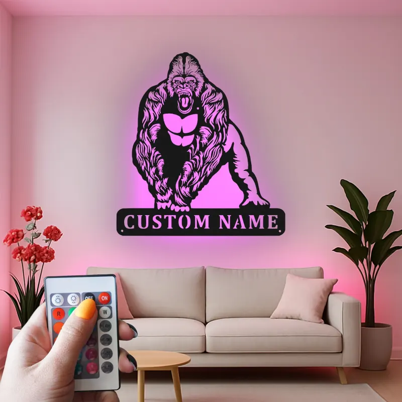 Décoration murale en métal gorille sur mesure | Panneau LED faune pour salle de sport ou man cave | Plaque nominative personnalisée