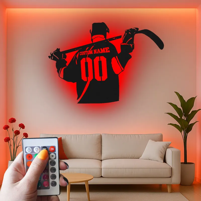 Cartel LED personalizado de jugador de hockey | Decoración mural de metal a medida | Decoración para habitación de aficionados al deporte y regalo para deportistas