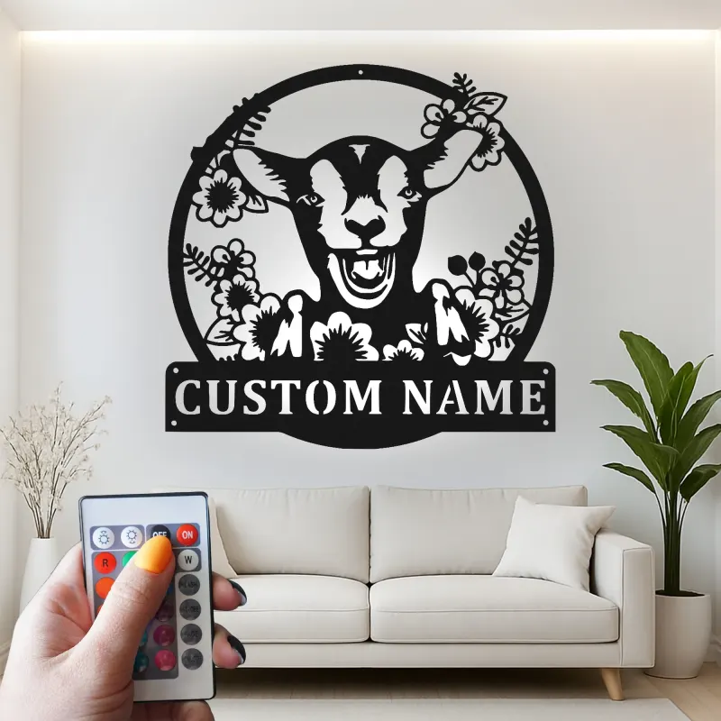 Cartel de cabra personalizado con LED | Arte mural de metal personalizado | Decoración farmhouse para granero o hogar | Regalo para amantes de las cabras